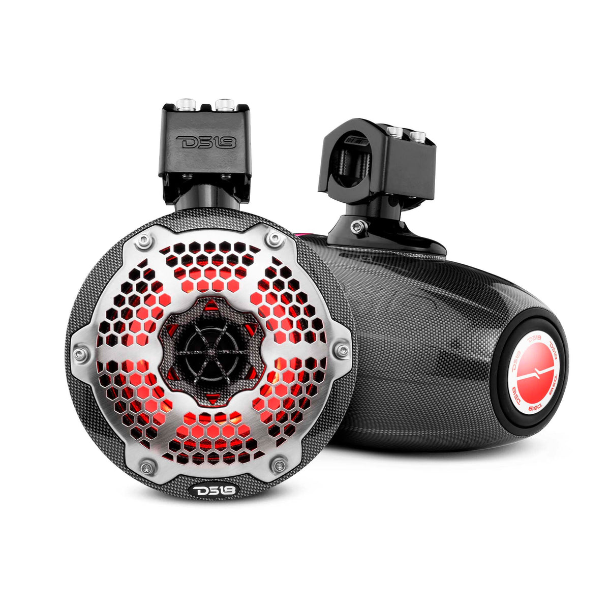 DS18 CF-X6TPNEO NXL 6.5" Neodymium Marine and Powersports Towers with Built-in Passive Radiator, 1" Driver and LED RGB Lights 150 Watts Rms -Black Carbon Fiber