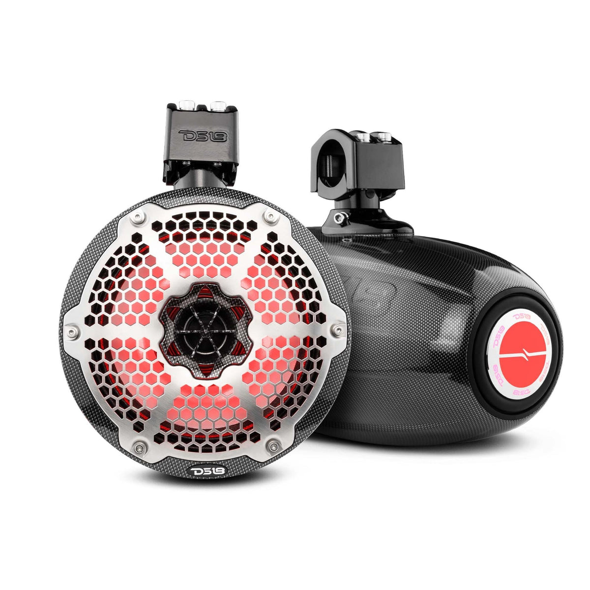 DS18 CF-X8TPNEO NXL 8" Neodymium Marine and Powersports Towers with Built-in Passive Radiator, 1" Driver and LED RGB Lights 180 Watts Rms - Carbon Fiber